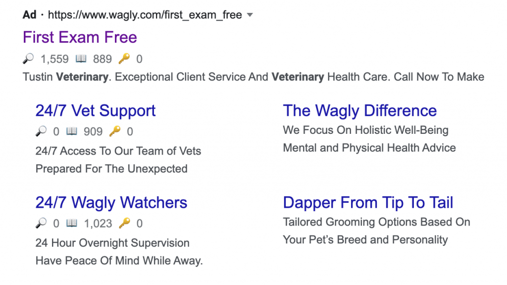google ads for veterinarians ad extensions example