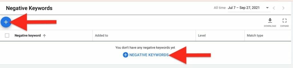 click on one of the blue plus signs to add negative keywords to your list