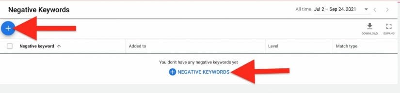 click on one of the blue plus signs to add keywords to your negative keywords list