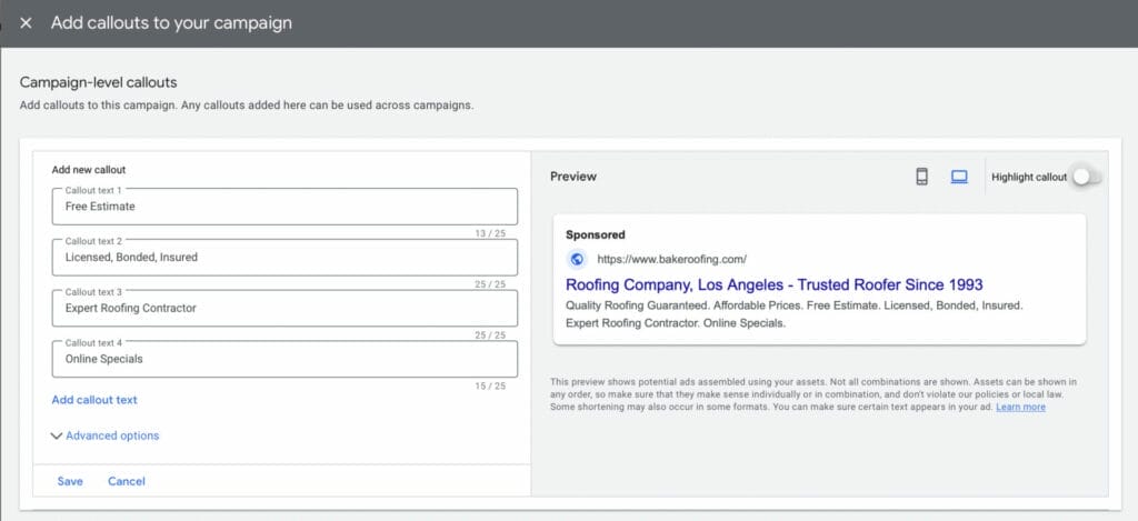 adding callout assets to roofing business ppc campaign