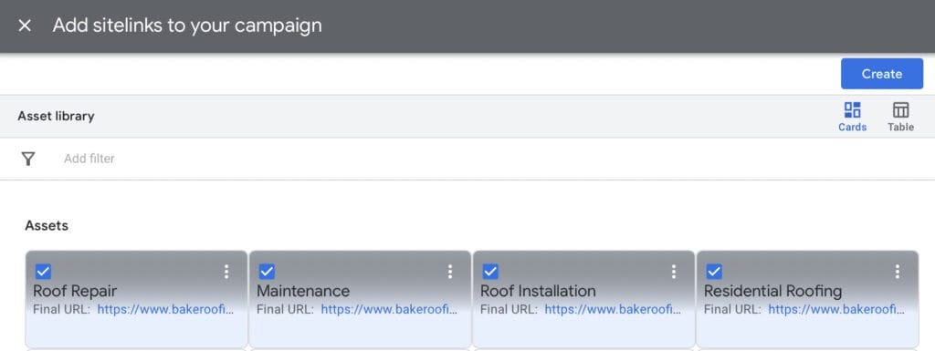 adding created sitelink assets to ppc campaign for roofing business