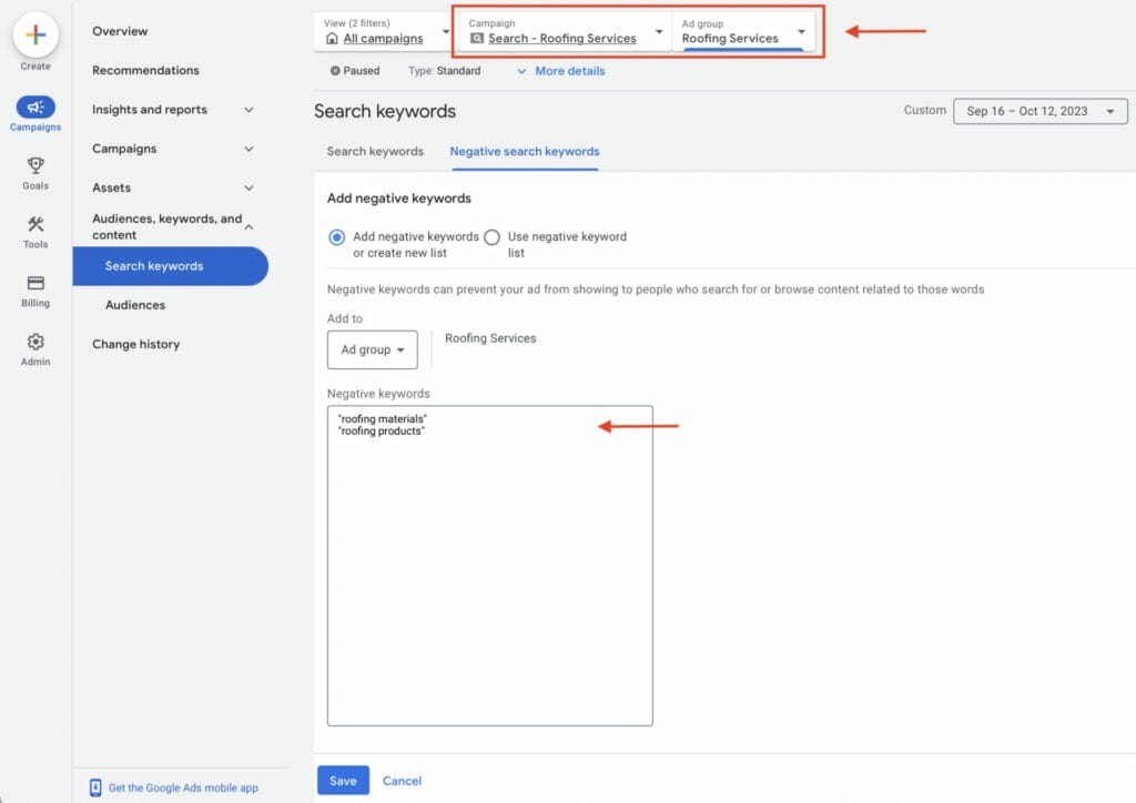 manually adding negative keywords to roofers campaign