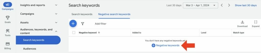 adding negative keywords to campaign