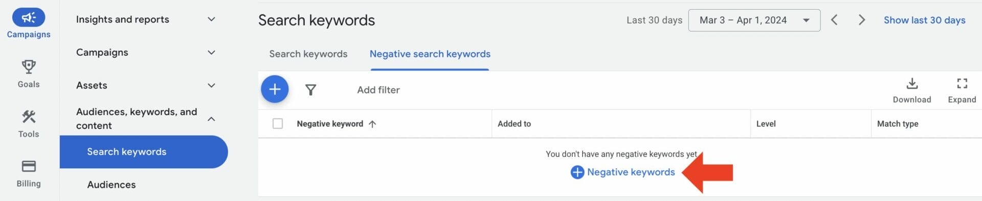 adding negative keywords to campaign