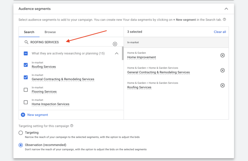 audience segments for roofing services campaign