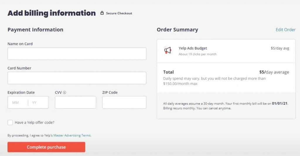 enter the billing information for your yelp ads for dentists campaign