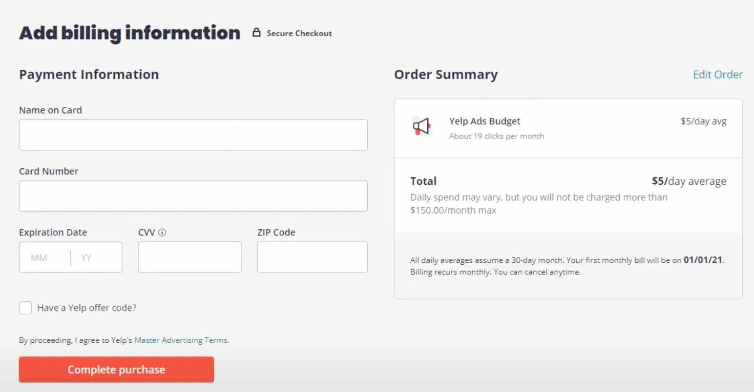 enter the billing information for your yelp ads for dentists campaign