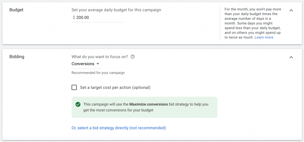 enter the budget and bidding strategy for your google ads for urgent care centers campaign