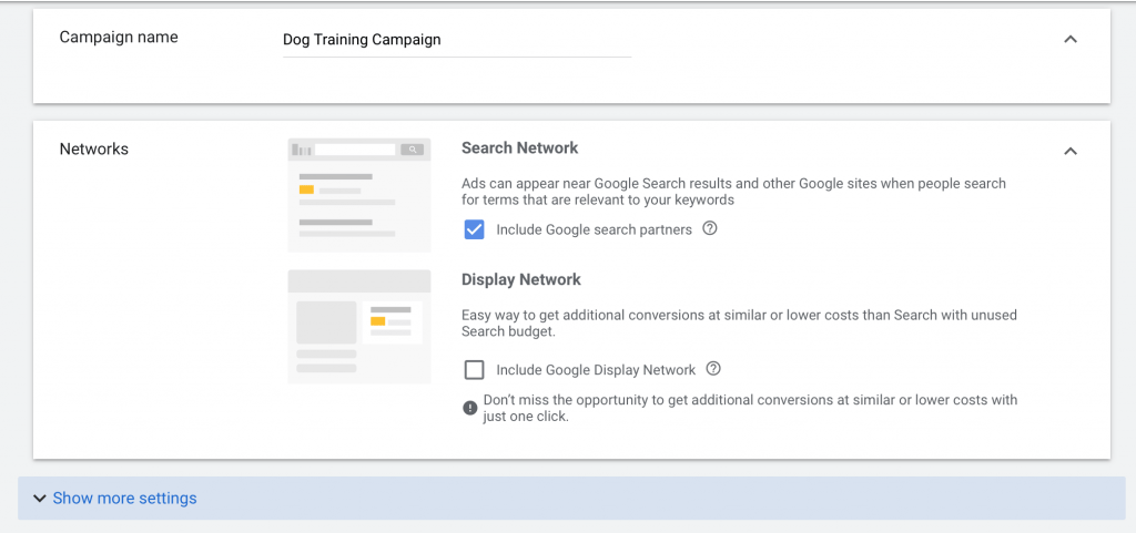 create a campaign name and choose search network