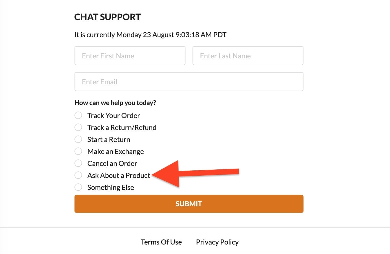 chatbot pre set options, ask question about a product example for chatbot for dental practices