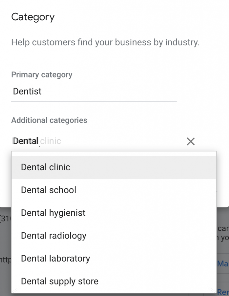 google my business dental category