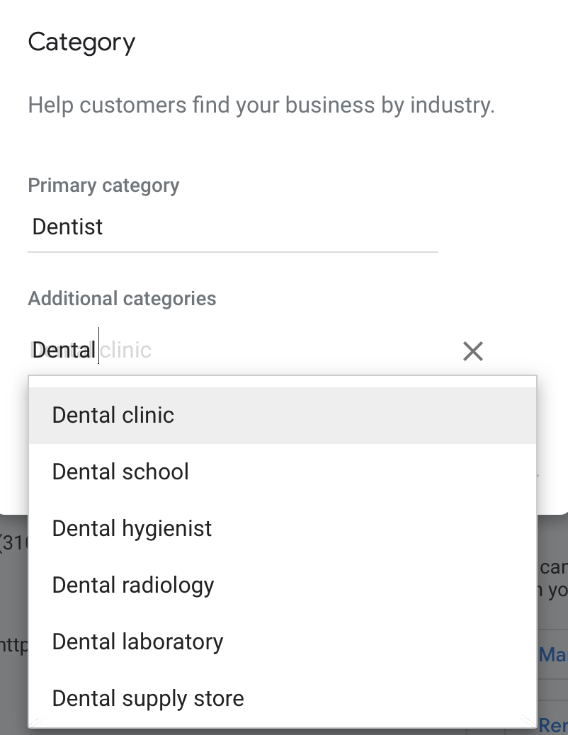 google my business dental category