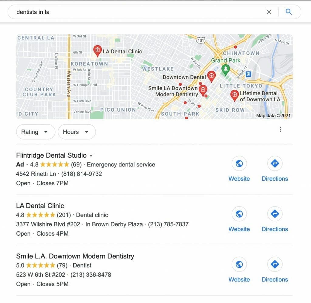 google my business results when searching for dentists in la