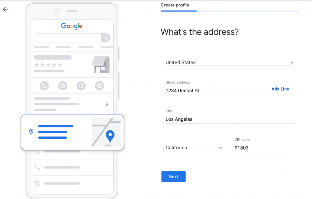 enter location of your dental clinic for your Google My Busines for Dentists account