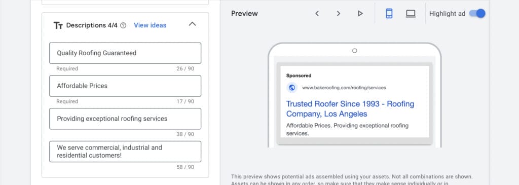 descriptions for roofing campaign