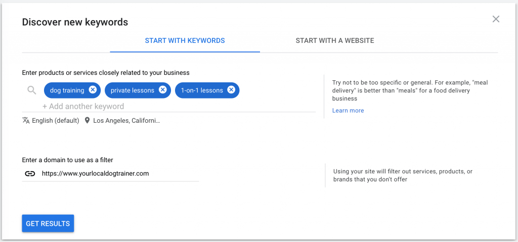 enter the keywords and website url