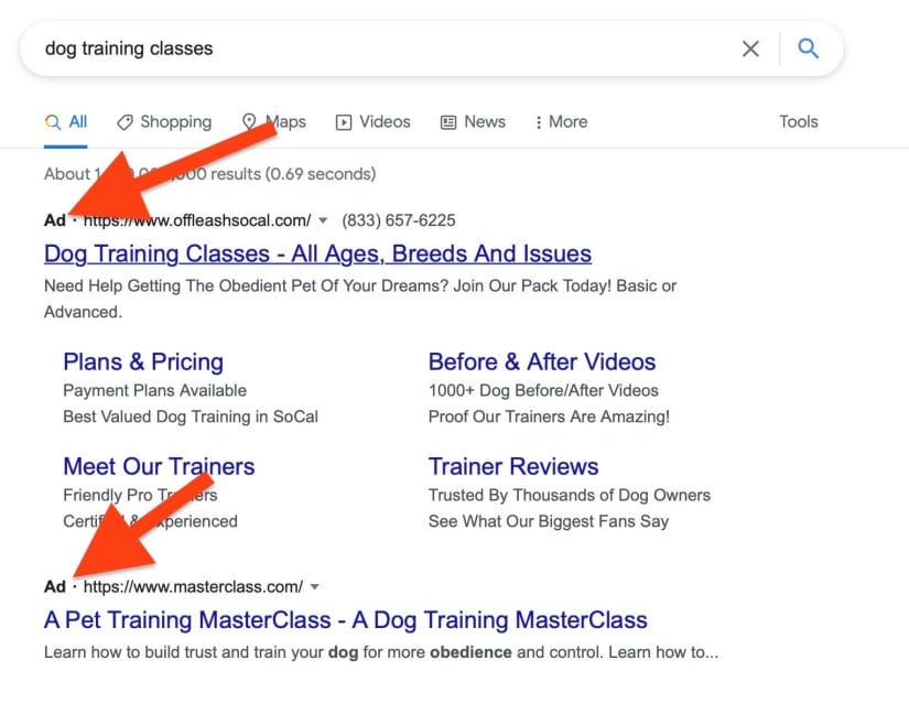 google ad results when searching for dog training classes