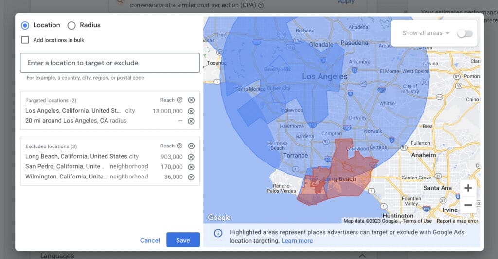 advanced features and exclusions on location settings for campaign 