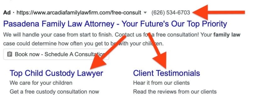 law firm ad that uses both call extension and sitelink extensions. 