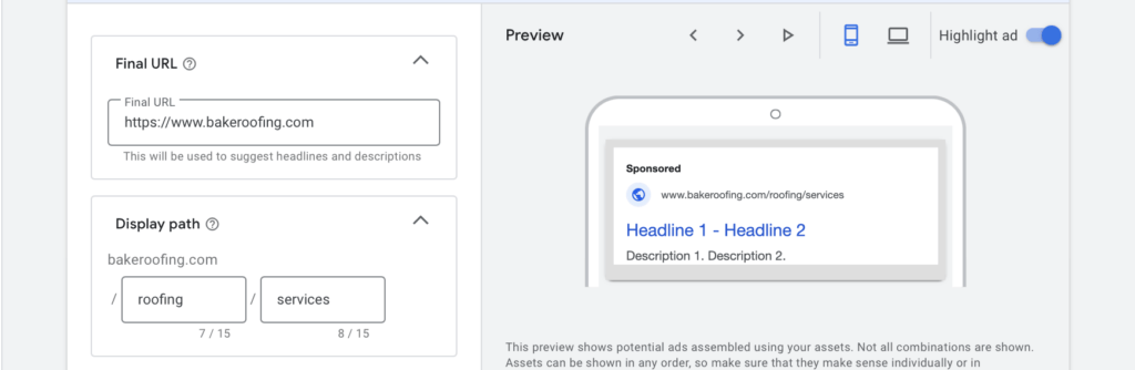 final url and display path for roofing ppc campaign