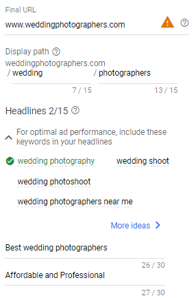 Final URL, display path, and headlines for wedding photographer