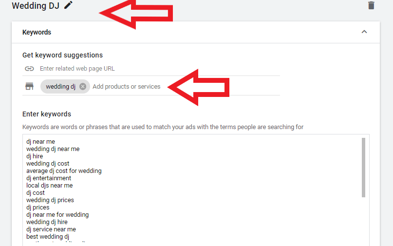 Creating an ad group for wedding DJ services