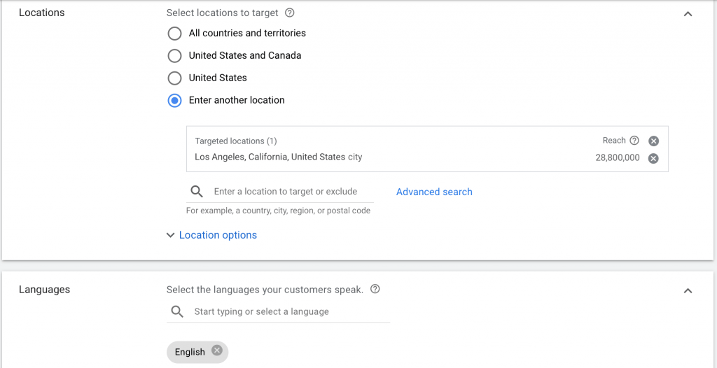 enter location and language that you want your ads to target
