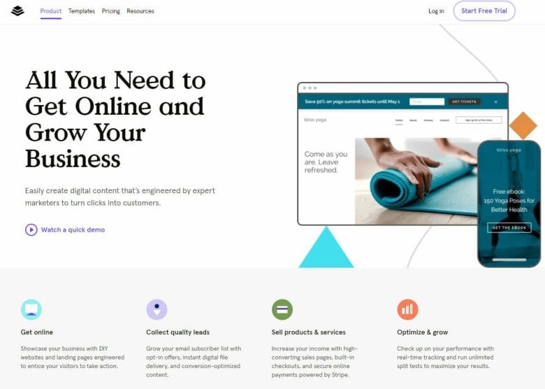 Leadpages homepage for landing page software