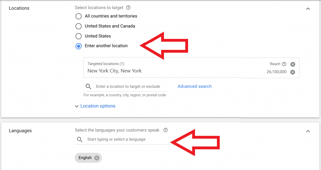 Set target location and language for Wedding DJ ad campaign