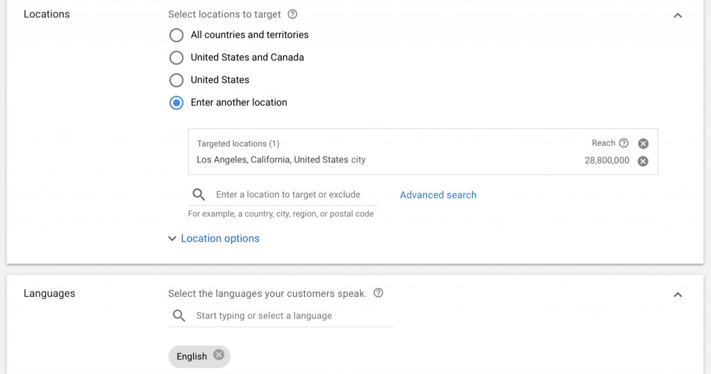 set the language and location you want your google ads for law firm marketing campaign to target