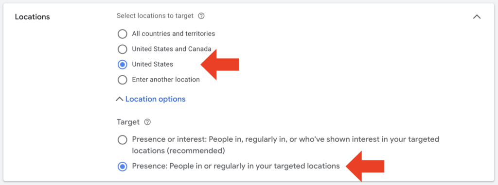 location settings with united states as target location