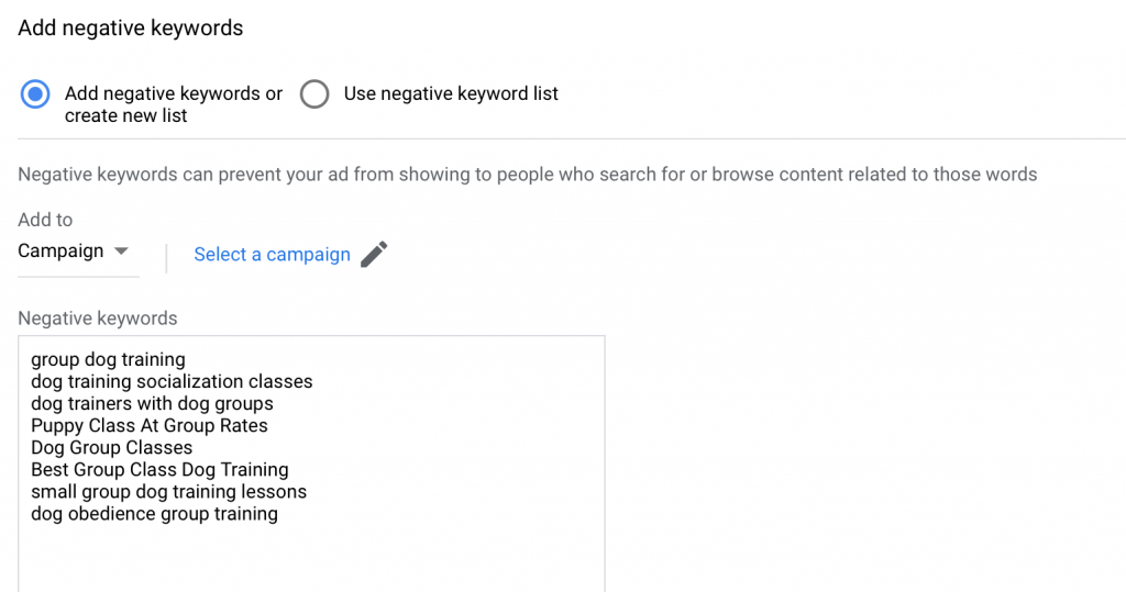negative keywords list example for private dog training