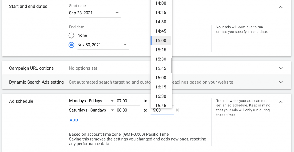 set your ad dates that you want your ads to run and create an ad schedule