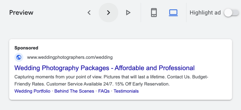preview of search campaign for wedding photographers on desktop