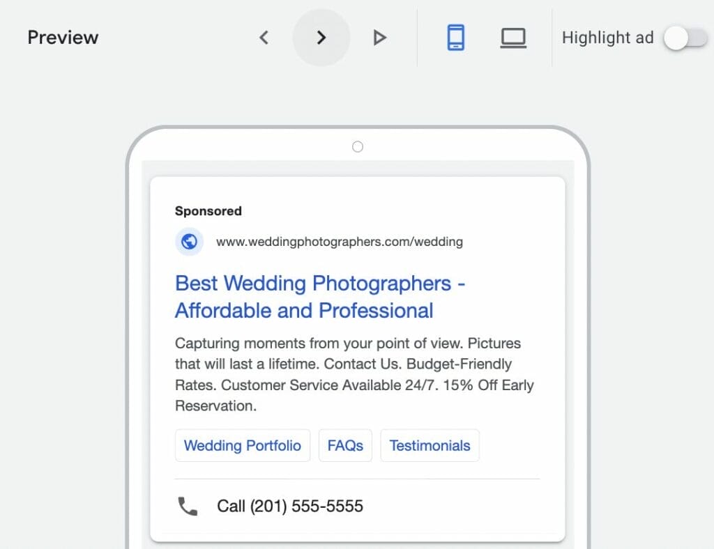 preview of search campaign for wedding photographers on mobile view
