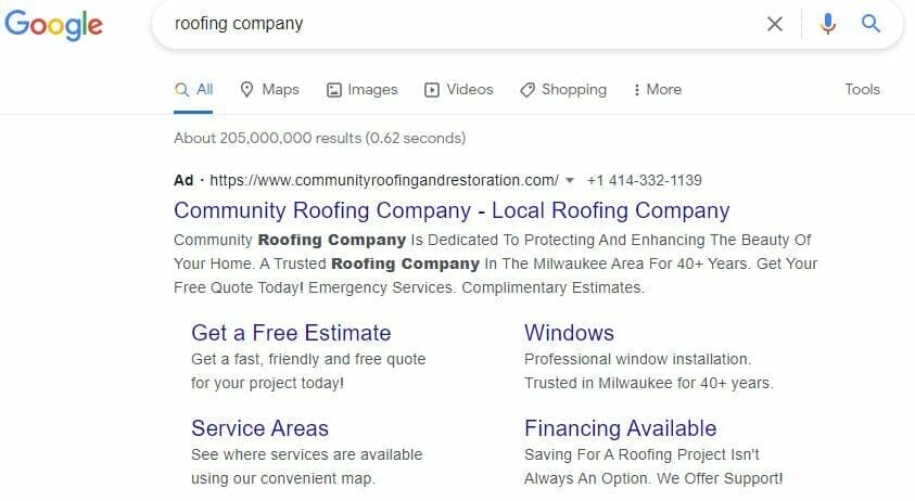 roofing company google search ppc