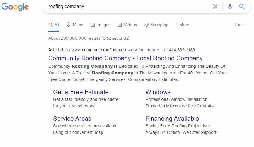 roofing company google search ppc