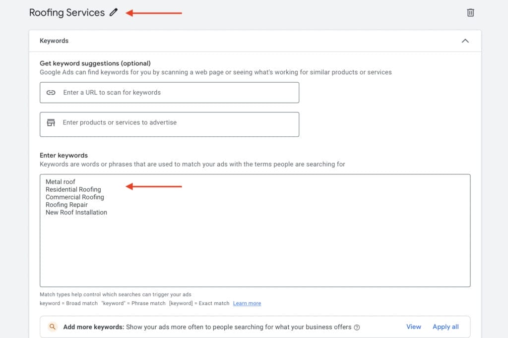 roofing services campaign group with keywords