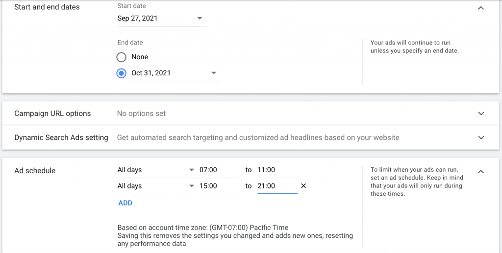 create your ad schedule and set start and end dates for your campaign to run