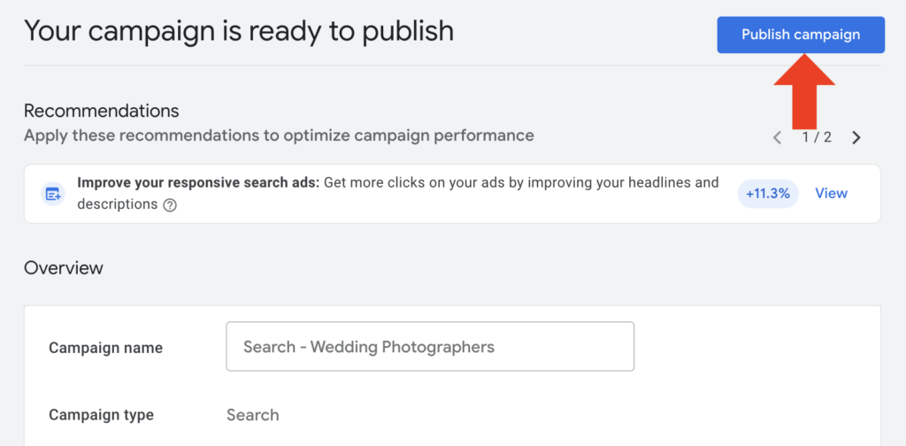 search campaign for wedding photographer campaign ready to publish