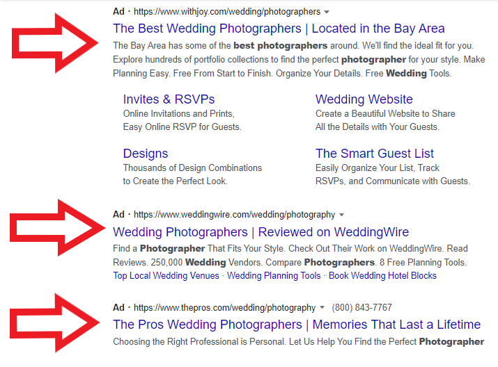 Search Results Page for Best Wedding Photographers Near Me