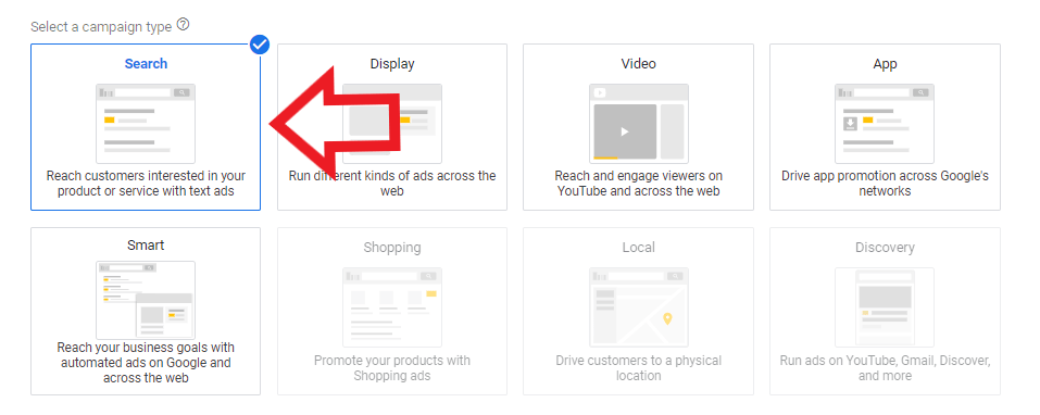 Select Search for ad campaign type