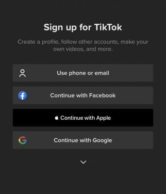 choose how you would like to sign up for tik tok