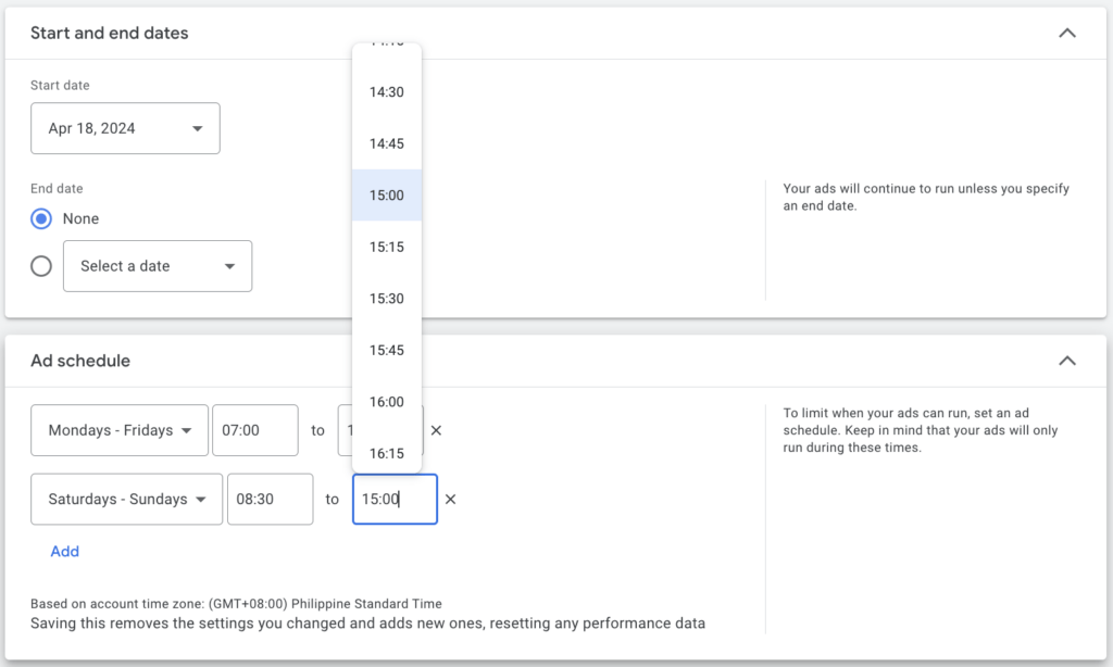 start and end for ppc campaign and schedule times