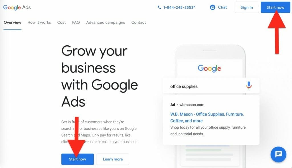 click start now to create your google ads account