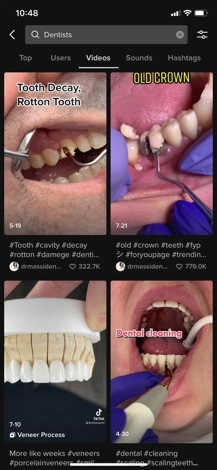 top video results when searching "dentists" on tik tok