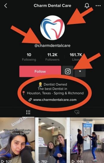 tiktok for dentists customized profile example