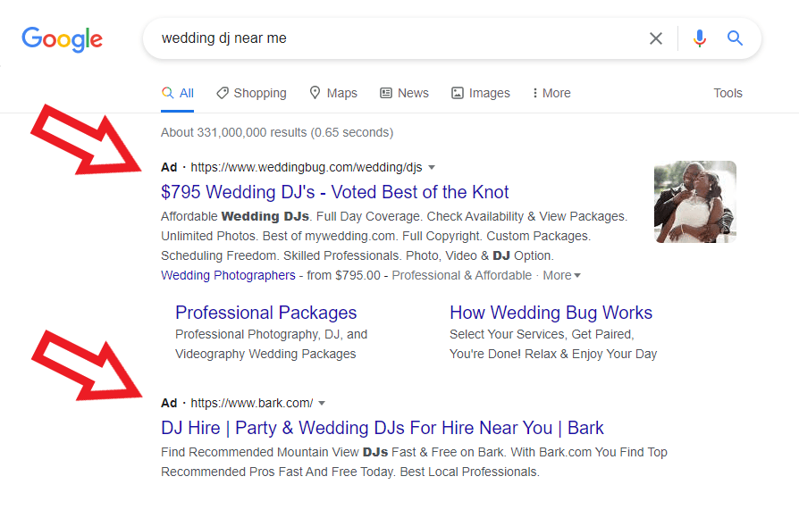 Search results page for the keyword wedding DJ near me