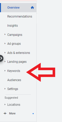 Hover to keywords in the left menu of Google Ads dashboard