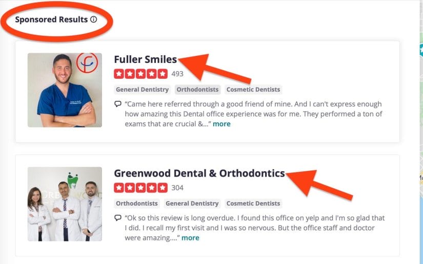 examples of yelp ads for dental clinics when searching for dentists in los angeles